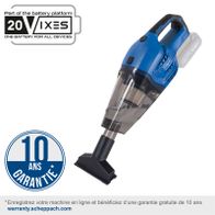 The cordless hand-held vacuum cleaner C-HVC150-X by Scheppach comes with a 10-year warranty upon online registration. Part of the 20VIXES battery platform for all devices. Visit warranty.scheppach.com for details.