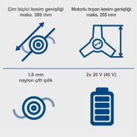 Technische Spezifikationen für Akku-Freischneider: 380 mm Schnittbreite, 255 mm Motorsense, Nylon-Doppelfilament, 2x 20V (40V) Batterie
