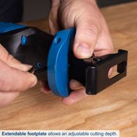 Adjustable footplate for variable cutting depth on a reciprocating saw