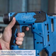 Scheppach-Akku-Klammer- und Nagelpistole mit Sicherung für kontrolliertes Auslösen, verhindert versehentliches Stapeln oder Nägeln