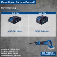 Scheppach Akku-Säbelsäge BC-RS250-X mit Akkulaufzeitvergleichen (2,0 Ah vs. 4,0 Ah) und Schnittkapazitäten (450 vs. 900 Schnitte)