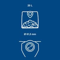 Technische Daten: 20 Liter Fassungsvermögen, 61,5 mm Durchmesser für präzise Messungen