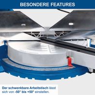 Die Kapp-Zugsäge HM305SL von Scheppach bietet einen schwenkbaren Arbeitstisch, der von -50° bis +50° einstellbar ist. Sie verfügt über eine Schnitthöhe von 180 x 340mm, Laserführung, Softstart und Posaunenauszug.