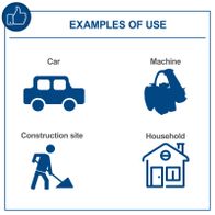 Examples of use: machines, cars, construction sites, household environments