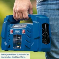 Der Kompressor Airforce 5 von Scheppach verfügt über einen praktischen Staufächer, sodass immer alles direkt zur Hand ist.