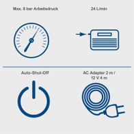 Werkzeug-Infoblatt mit technischen Daten: Maximaler Arbeitsdruck, Luftdurchfluss, Auto-Shut-Off, AC- und 12-Volt-Anschlusskabel-Längen