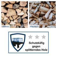 Der Holzspalter HL460 von Scheppach schützt mit einem Käfig vor splitterndem Holz. Geeignet für Hartholz und Weichholz.