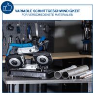 Metallbandsäge MBS1200 mit variabler Schnittgeschwindigkeit für verschiedene Materialien. Inklusive Arbeitstisch und LED-Beleuchtung.