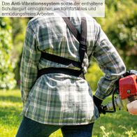 Das Anti-Vibrationssystem und der Schultergurt ermöglichen ein komfortables und ermüdungsfreies Arbeiten mit dem 4in1 Benzin Multigartengerät MFH3300-4P von Scheppach.