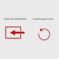 Motorleistung und Drehzahlangabe für Scheppach-Rollensieb mit 360 Watt und 42 U/min