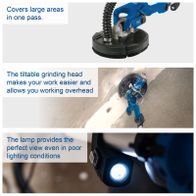 Wall and ceiling sander with wide coverage, adjustable grinding disc and integrated LED lighting for clear visibility