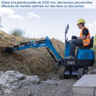 The Scheppach EXC815 petrol mini excavator with 8.5 HP, 2330 mm digging width and 690 mm track width. Chain drive for optimal performance on uneven terrain. Perfect for DIY projects.