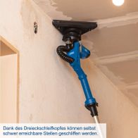 Triangular grinding head allows easy access to hard-to-reach ceiling and wall areas