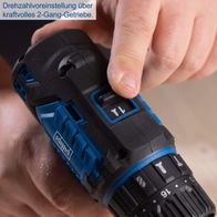 Die Akku-Schlagbohrmaschine BC-CD60-X von Scheppach bietet eine Drehzahlvoreinstellung über ein kraftvolles 2-Gang-Getriebe. Sie verfügt über 19 Drehmomentstufen sowie einen Bohr- und Schlagmodus.