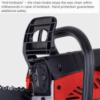 The petrol chainsaw CSP560S by Scheppach features an anti-kickback function that stops the chain immediately in case of kickback. It also includes a hand guard for added safety.