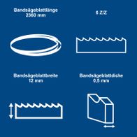 Bandsägeblatt mit 2360 mm Länge, 12 mm Breite, 0,5 mm Dicke und 6 Zähne pro Zoll