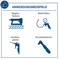 Das Bild zeigt Anwendungsbeispiele für den Kompressor HC35V Scheppach. Dargestellt sind Nageln/Tackern, Reifenfüllen, eine Ausblaspistole und eine Druckluftratsche.