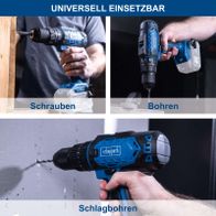 Scheppach Akku-Schlagbohrmaschine mit Illustrationen für Bohren, Schrauben und Schlagbohren