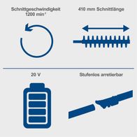 Akku-Teleskop-Heckenschere mit 410 mm Schnittlänge, 1200 min⁻¹ Schnittgeschwindigkeit, 20 V Akku, stufenlos arretierbar.