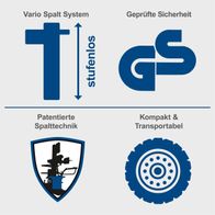 Das Holzspalter-System bietet stufenlose Spaltkraft, geprüfte Sicherheit, patentierte Spalttechnik und ist kompakt sowie transportabel.