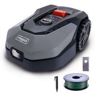 Rasenmähroboter RoboCut L500 von Scheppach. Enthält Roboter, Spule mit Begrenzungskabel und Stift. Das Begrenzungskabel begrenzt den Arbeitsbereich des Roboters.