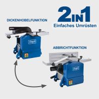 Die Abricht- & Dickenhobelmaschine HMS650 von Scheppach bietet eine einfache Umrüstung zwischen Dickenhobel- und Abrichtfunktion. Mit 1100W Leistung und einer Hobelbreite von 152mm sowie einer Höhe von 120mm ist sie vielseitig einsetzbar.