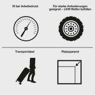 Wichtige Merkmale des Kompressors: 10 bar Arbeitsdruck, Transportable Bauweise mit Rollen, platzsparende Abmessungen, ideal für LKW-Reifenbefüllung