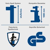 Wichtige Merkmale des Holzspalters: Vario-Spaltsystem ohne Stufen, kompakte Bauweise (1080 mm), patentierte Spaltttechnik und geprüfte Sicherheit