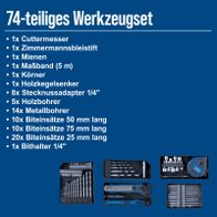 Mobile Werkzeugset mit detaillierter Übersicht der enthaltenen Werkzeuge für Scheppach-Atelier Mobile C-DTB74/2-X