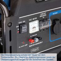 Der Benzin Stromgenerator SG7100x von Scheppach bietet Öldruckwarnung, integrierten Spannungsmesser und Überlastungsschutz für optimale Sicherheit und Motorleistung.