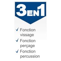 The product has three functions: Vissage, Perçage, and Percussion.