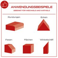 Das Bild zeigt Anwendungsbeispiele des Band- und Tellerschleifers PX-BTS-450 Practixx. Geeignet für Weichholz und Hartholz. Es werden verschiedene Schleifmöglichkeiten dargestellt: Rundungen, Ecken, Fasen, Flächen und Winkelschliff.