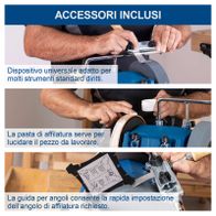 The Scheppach Wet Bench Grinder Tiger 7000S features a universal holder system for various tools, honing compound for polishing the workpiece, and an angle guide for quick setting of the desired grinding angle.