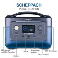 Die Scheppach Powerstation BSG1200MAX bietet eine LED-Lampe mit SOS-Funktion, USB-C- und USB-A-Anschlüsse, eine Schnellladefunktion, sowie eine 12-V-Steckdose und einen DC-Anschluss.