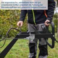 Ergonomisches Griffsystem mit verstellbarem Holzgriff für bessere Handhabung und Komfort beim Arbeiten mit der Baumstumpffräse.