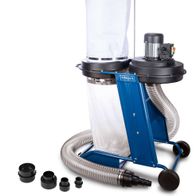 Absauganlage HD12 Scheppach mit Auffangbehälter und Schlauch, seitliche Ansicht.