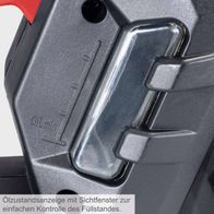 Ölstandanzeige mit Sichtfenster zur einfachen Kontrolle des Füllstandes. Die Elektrokettensäge CSE2600 von Scheppach bietet werkzeuglose Kettenspannung und ein 45,5 cm Schwert.