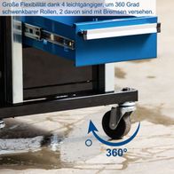 Der 2in1 Werkstatthocker TW900 von Scheppach bietet große Flexibilität dank vier leichtgängiger, um 360 Grad schwenkbarer Rollen. Zwei davon sind mit Bremsen versehen.