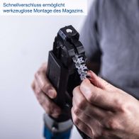 Handwerkzeug mit Schnellverschluss für werkzeuglosen Montageversuch des Magazins