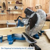 Die Kappzugsäge HM140L von Scheppach hat einen Sägekopf, der beidseitig bis 45° neigbar ist.