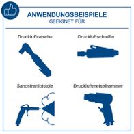 Das Bild zeigt Anwendungsbeispiele für den Kompressor HC120DC von Scheppach. Geeignet für Druckluftratsche, Druckluftschleifer, Sandstrahlpistole und Druckluftmeiselhammer.