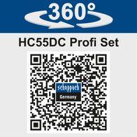 Der Kompressor HC55DC Profi Set bietet eine 360°-Drehbarkeit für flexible Nutzung. Weitere Details finden Sie unter dem QR-Code auf der Website von Scheppach.