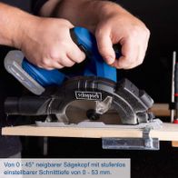 Scheppach-Akku-Handkreissäge mit verstellbarem Sägekopf von 0° bis 45°, stufenloser Schnittiefe von 0 bis 53 mm