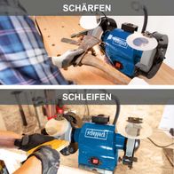 Der Scheppach Doppelschleifer BG200 kann zum Schleifen und Schärfen verwendet werden. Die Bilder zeigen die beiden Funktionen.