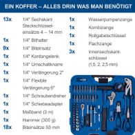 Werkzeugkoffer TB99 mit detaillierter Liste aller enthaltenen Werkzeuge und Zubehörteile für DIY-Anwendungen