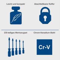 Werkzeugkoffer TB220 mit 235 Teilen, leicht und kompakt, verschließbarer Koffer, Chrom-Vanadium-Stahl-Blech, inkl. Werkzeugset