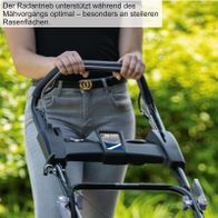 Der Radantrieb unterstützt optimal während des Mähvorgangs, besonders an steileren Rasenflächen. Das Hybrid-Start-System ermöglicht einen einfachen und zuverlässigen Start des Geräts.