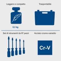 Werkzeugkoffer mit 97 Teilen, leicht und kompakt (5,3 kg), transportabel und Chrom-Vanadium-Stahl (Cr-V) beschichtet