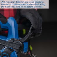 Die Akku-Kettensäge BC-TCS200-X von Scheppach verfügt über eine Anti-Kickback-Bremse, die die Sägekette innerhalb von Millisekunden bei Rückschlag stoppt. Der Handschutz sorgt für zusätzliche Sicherheit.