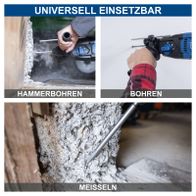 Universalwerkzeug für Bohren, Hammern und Meißeln mit Illustrationen der Funktionen